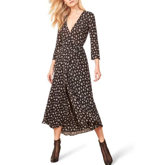 Reformation Dresses & Skirts - Reformation Jaz Wrap Midi Dress Black white floral